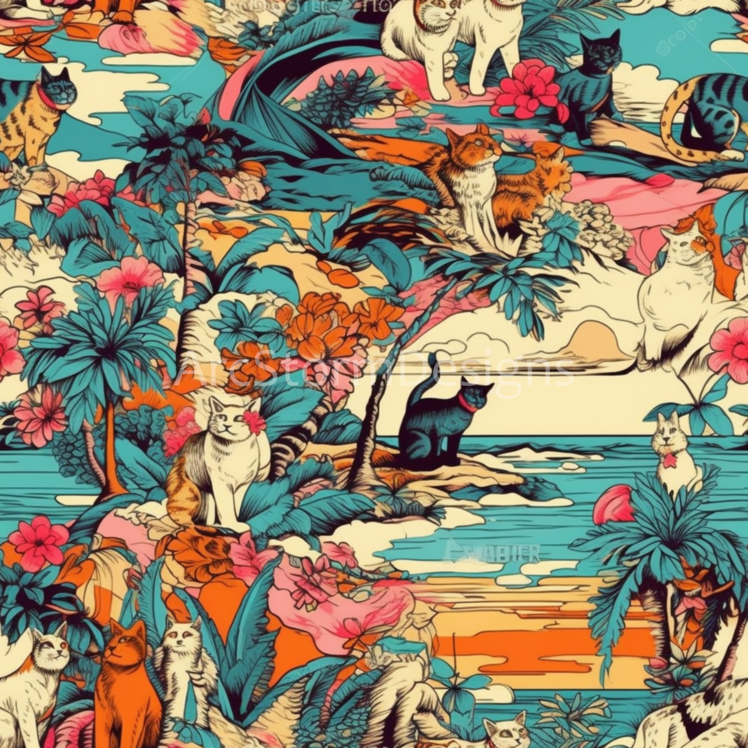 Cats on a Tropical Island Tiled Artwork