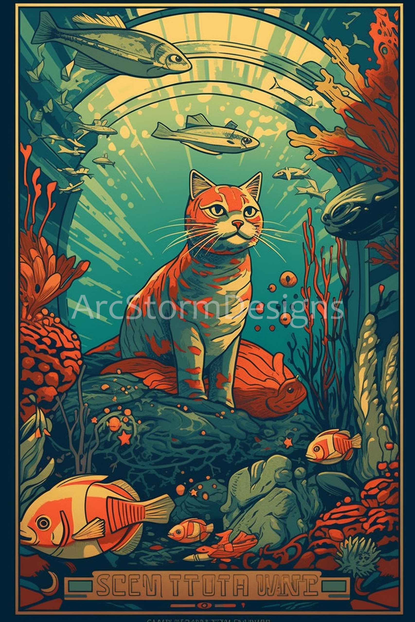 Art Deco Underwater Cat Tourist Poster